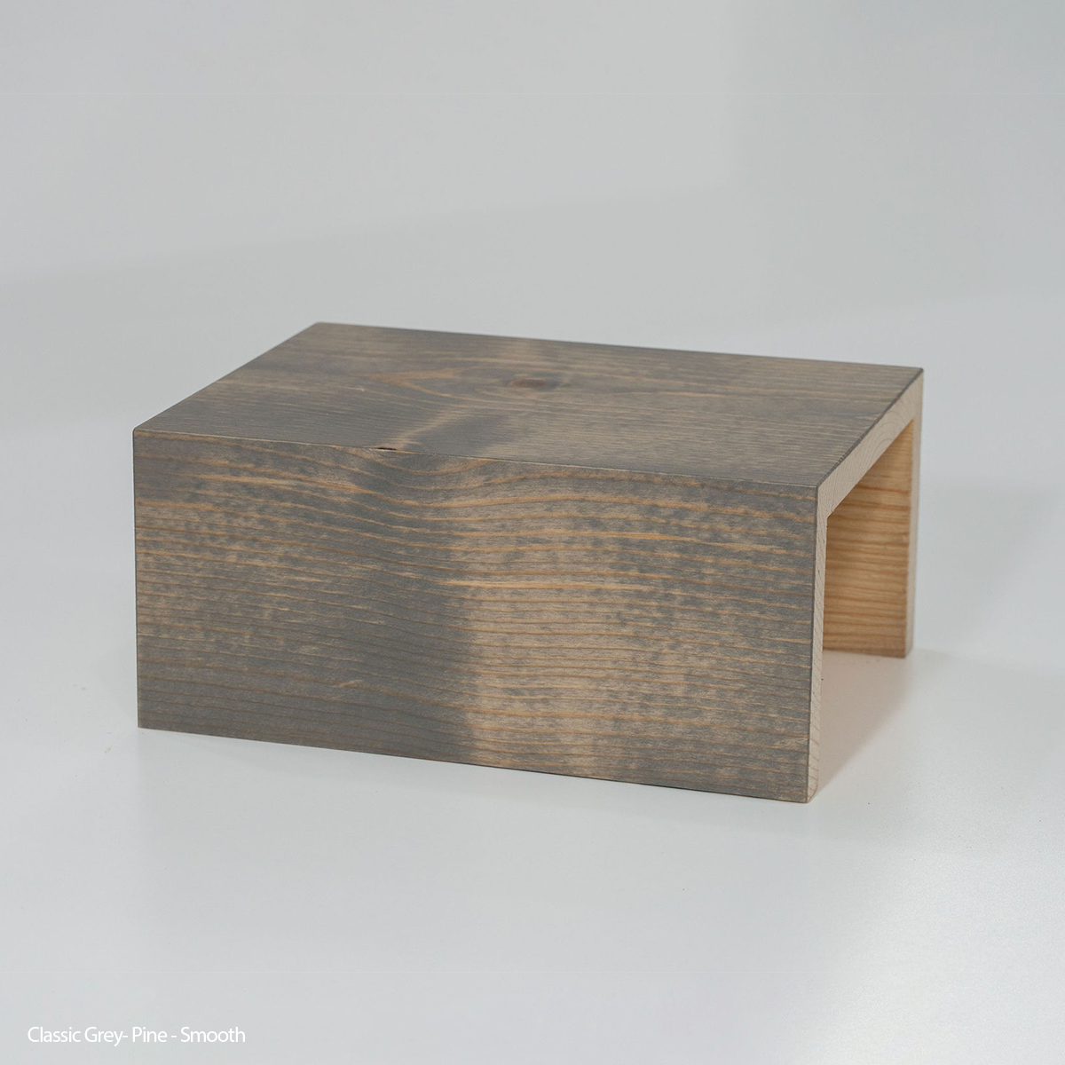 Gray finished wood floating shelf with clean contemporary lines, designed by Castle Rock Box Beams.