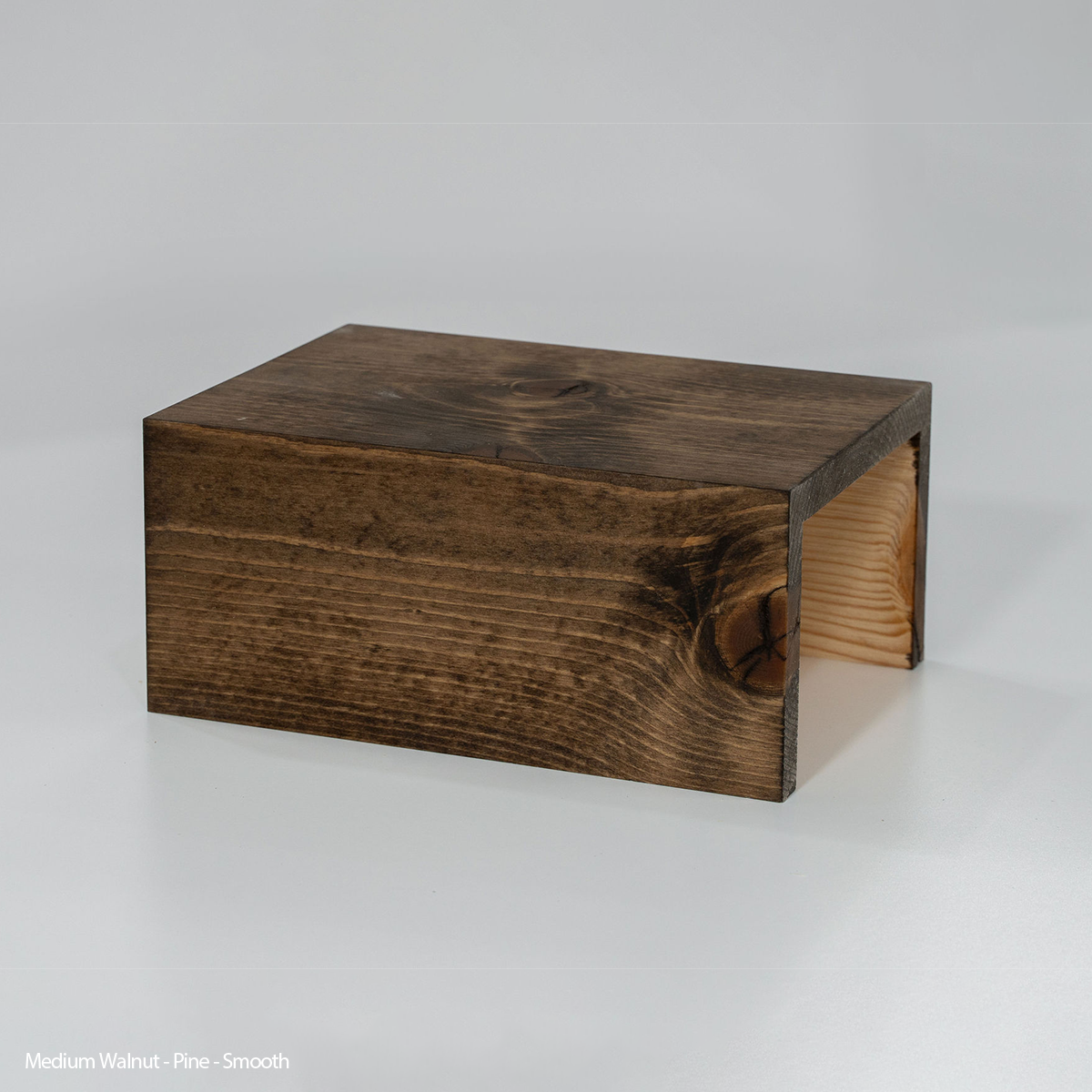 Pine wood floating shelf with medium walnut stain, smooth finish, handcrafted contemporary style