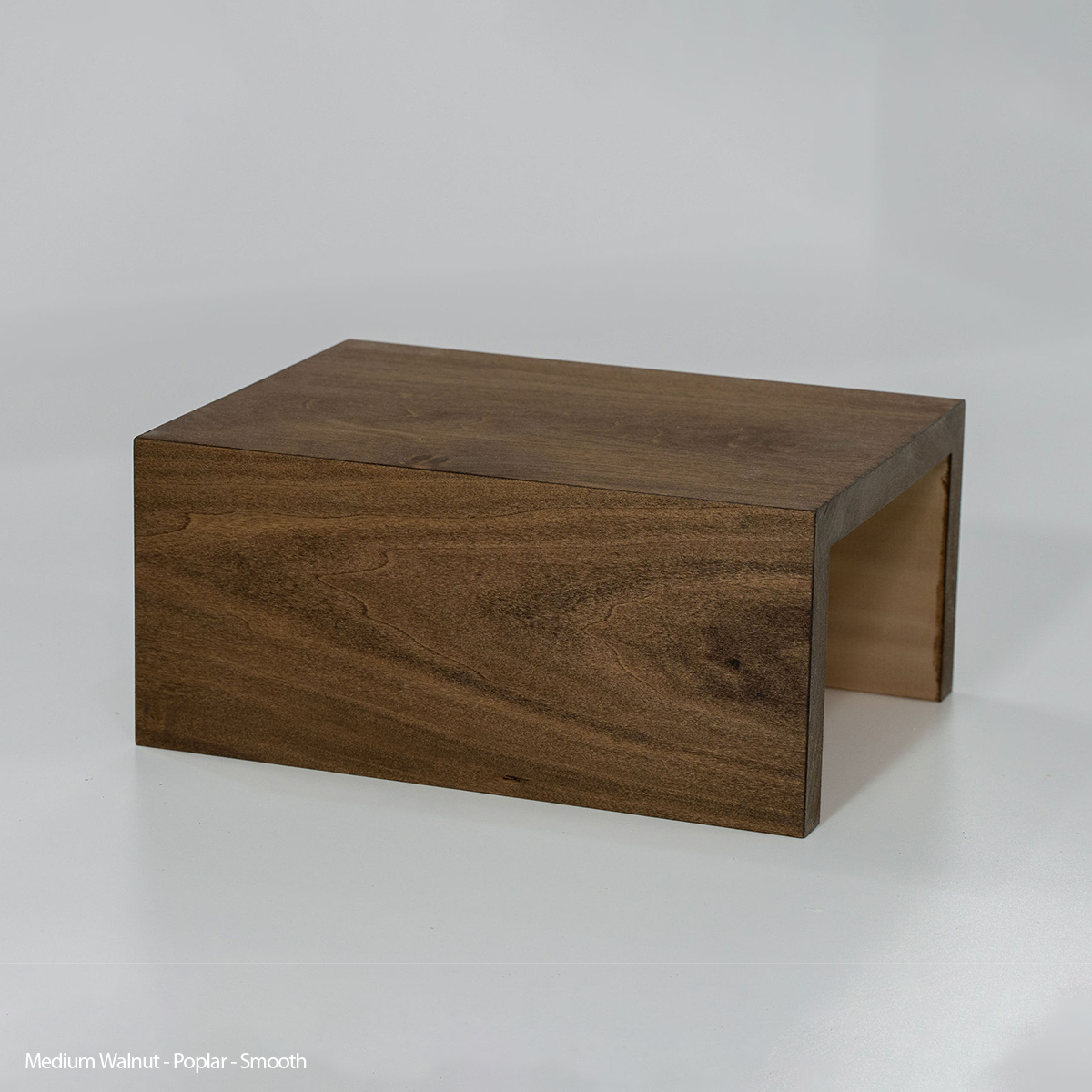 Poplar wood floating shelf with medium walnut stain, smooth finish, handcrafted contemporary style