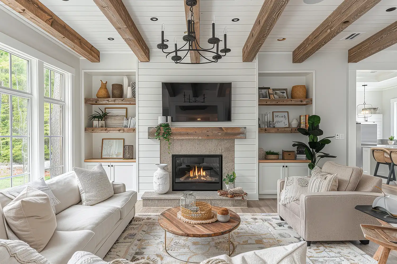 Living room with wood box beams on ceiling, fireplace, built-in shelving, farmhouse modern interior design Arizona